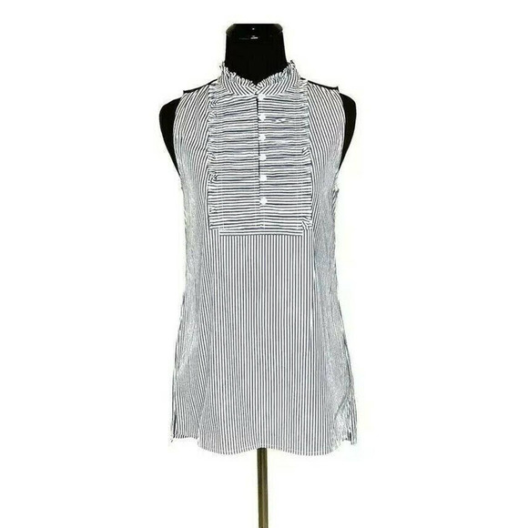 J. Crew Blue White Pinstripe Ruffle Sleeveless Top Size 0 - Picture 1 of 7